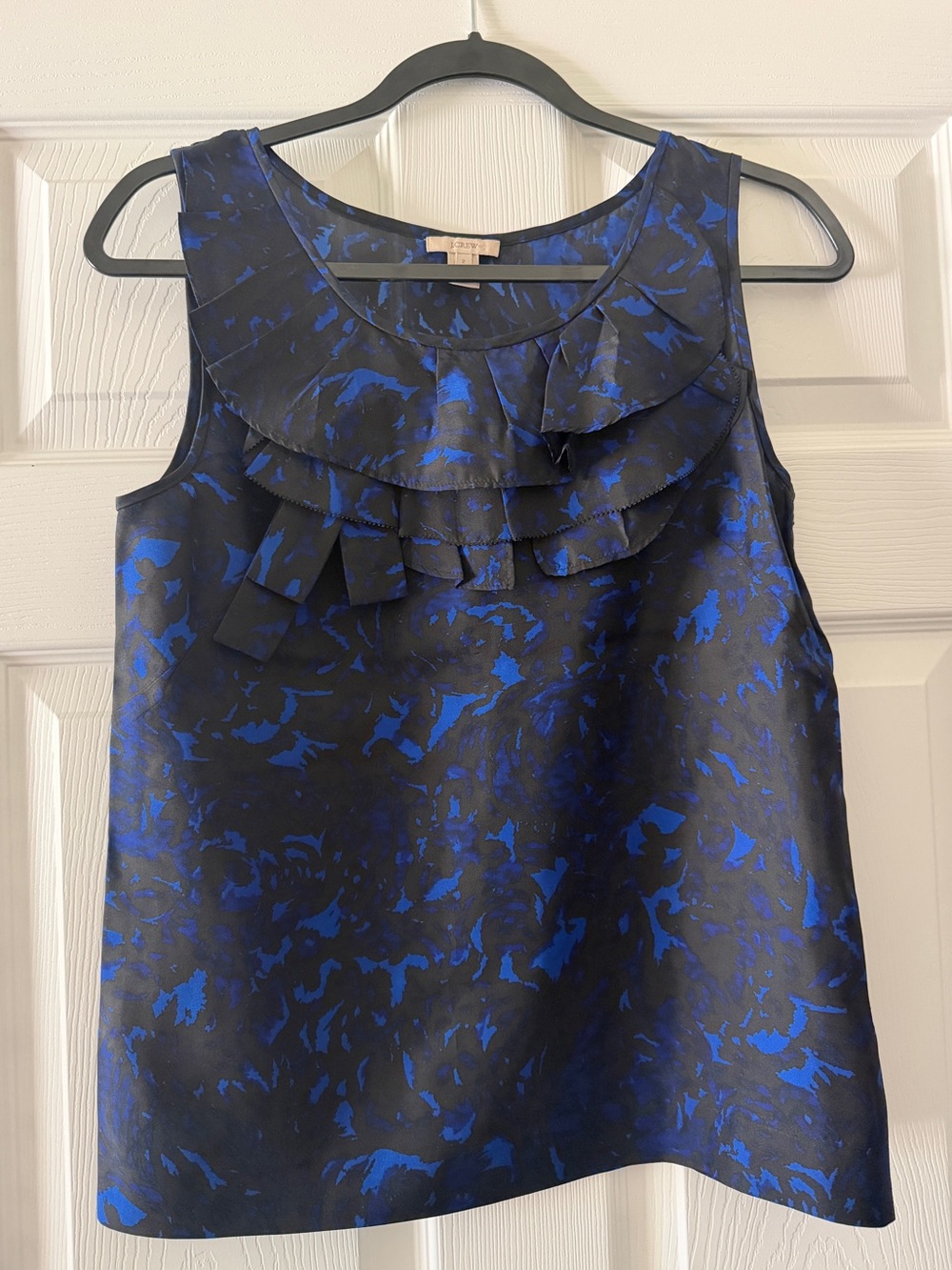 J. Crew Blue & Black Damask Silk Top with Ruffle Detail